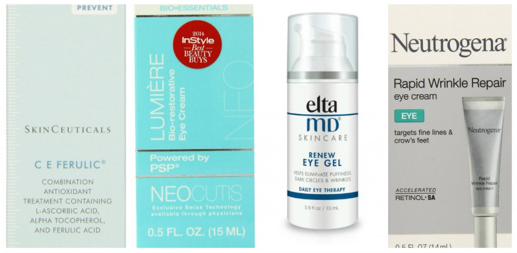 Skinceuticals CE Ferulic; Neocutis Lumiere Bio-restorative Eye Cream with PSP; Eltamd Renew Eye Treatment Gel; Neutrogena Rapid Wrinkle Repair Eye