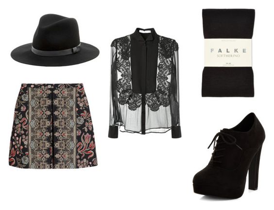 Fedora Sole Society; falda Valentino; blusa Givenchy; medias Falke; botines New Look. 